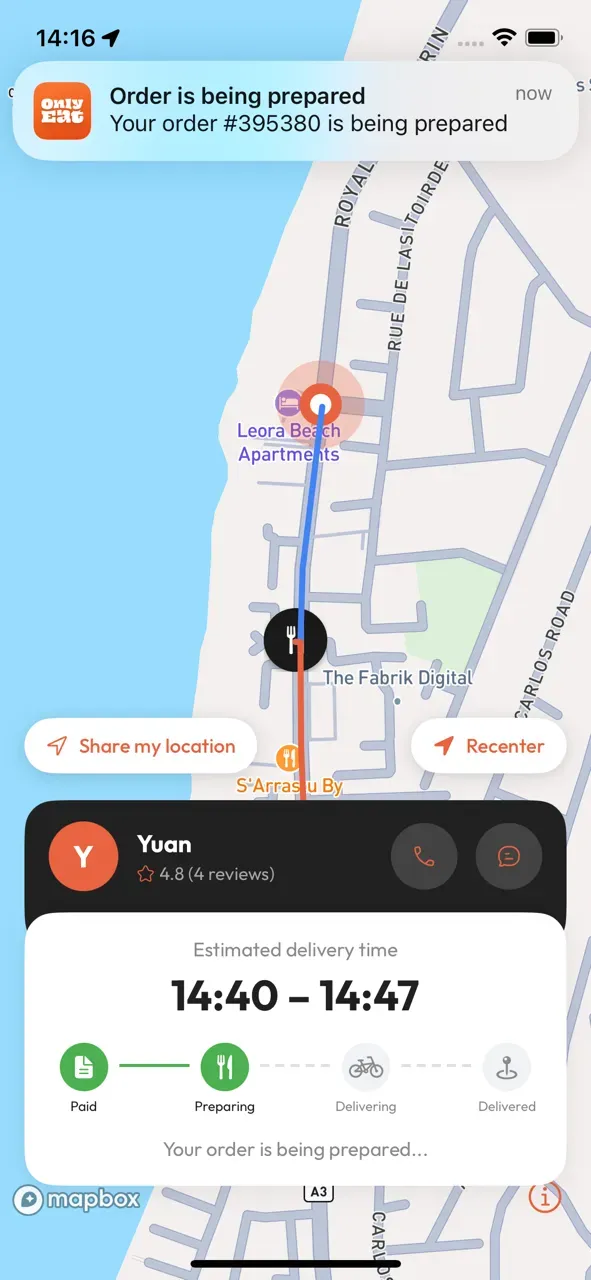 OnlyEat app: Track in real time